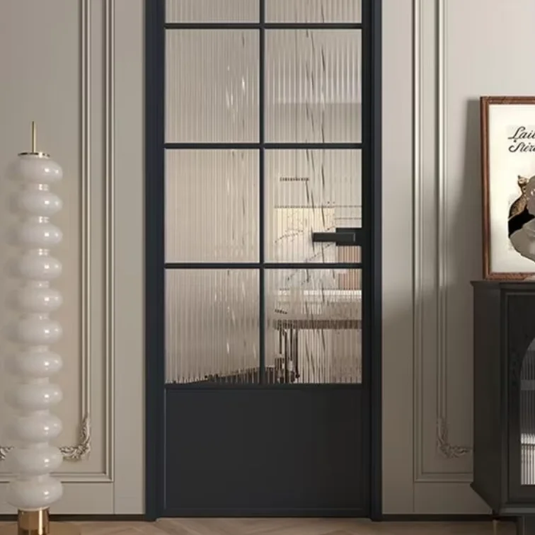 CustomBOCHARM Custom Modern Slim Frame Black Steel Arched French Door With Reeded Glass For Bedroom & Bathroom Interior Partitio