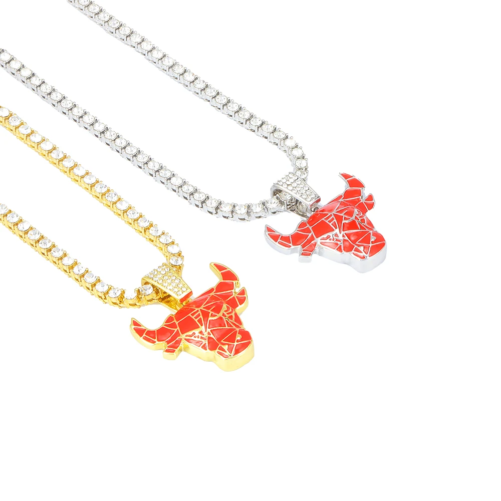 Iced Out Red Bull Pendant Necklace Match 4mm Bling Tennis Chain Animal Face Charm Stylish Jewelry for Men and Women Hip Hop