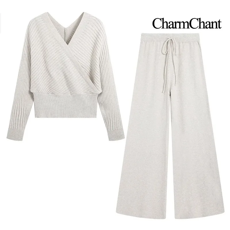 CHARMCHANT Women's Cropped Two Piece Outfit Wrap V‑Neck Knit Sweater Wide Leg Knit Pants Matching Set Street Autumn Winter 2026