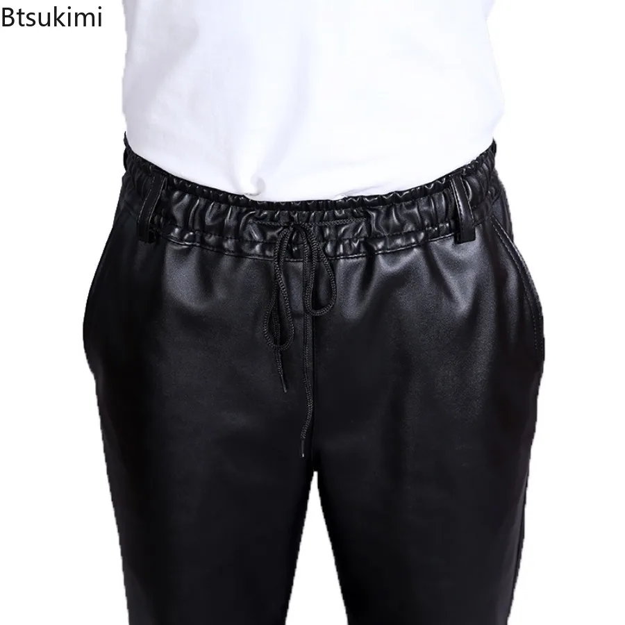 الخريف الشتاء الرجال رشاقته الصوف مبطن بنطال جلدي اليومية عادية الذكور بولي PU فو الجلود السراويل الرياح Poof الدافئة الرجال العمل السراويل