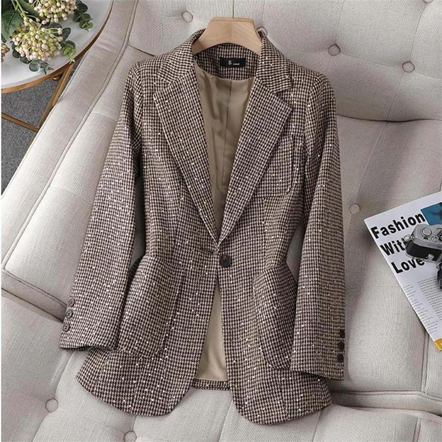 Korean Plaid Houndstooth Blazer Tracksuits Full Sleeve Coats Baggy Short Pants Casual Outfits Oversize Office 2 Pieces Sets New