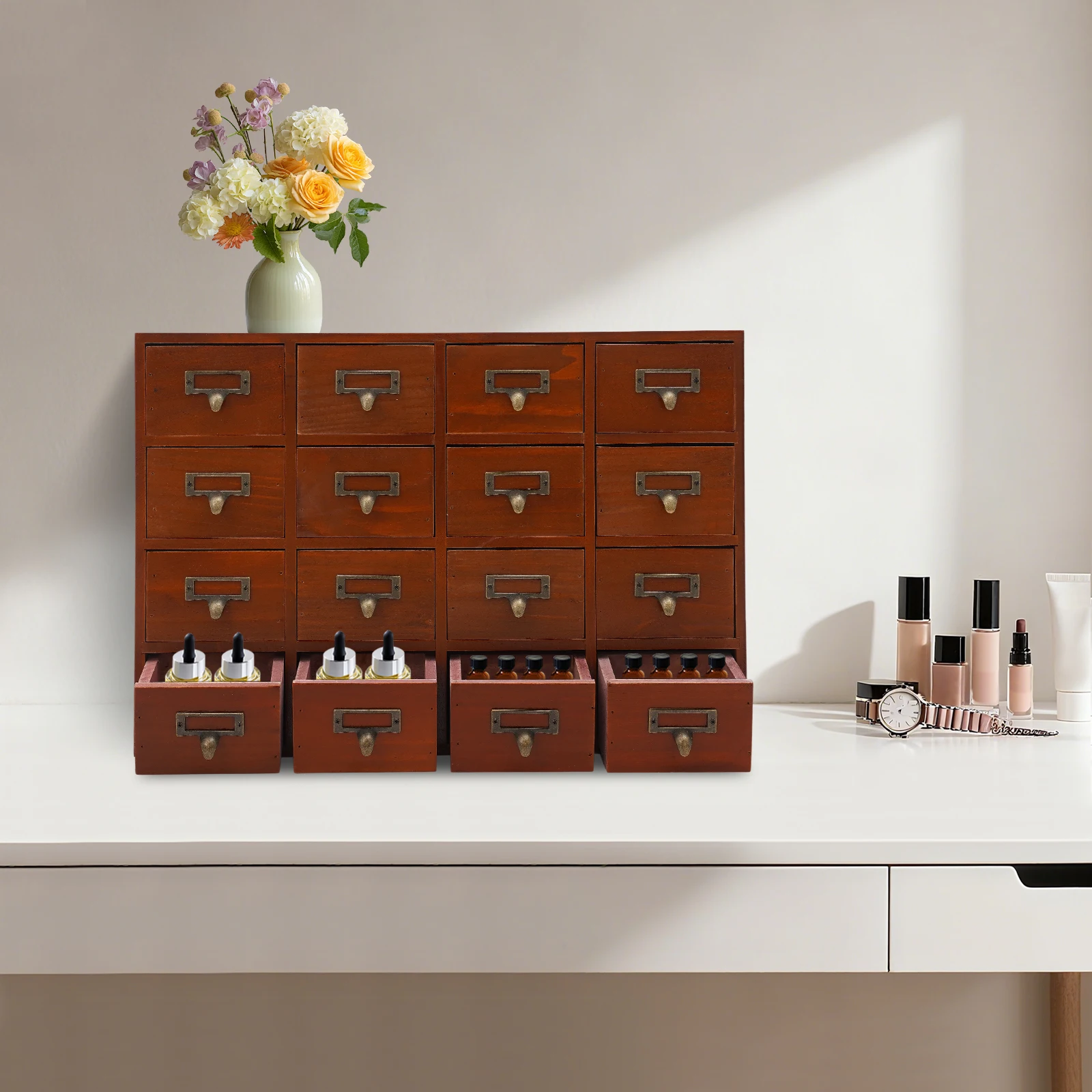 

Vintage 16-Drawer Organizer, Pine Wood for Jewelry & Tea, with Label Frames for Decor