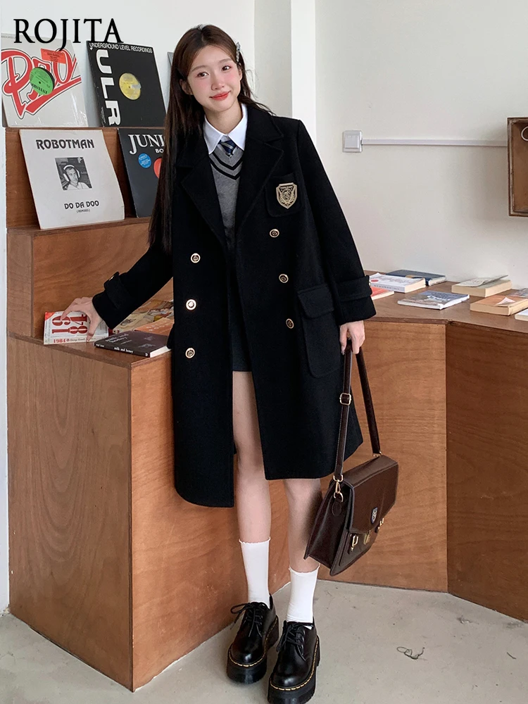 

Jk Black Coat College Style Winter Long Woolen Coat Women's Sweet Double-breasted Long-sleeved Plush Coat Free Metal Badge