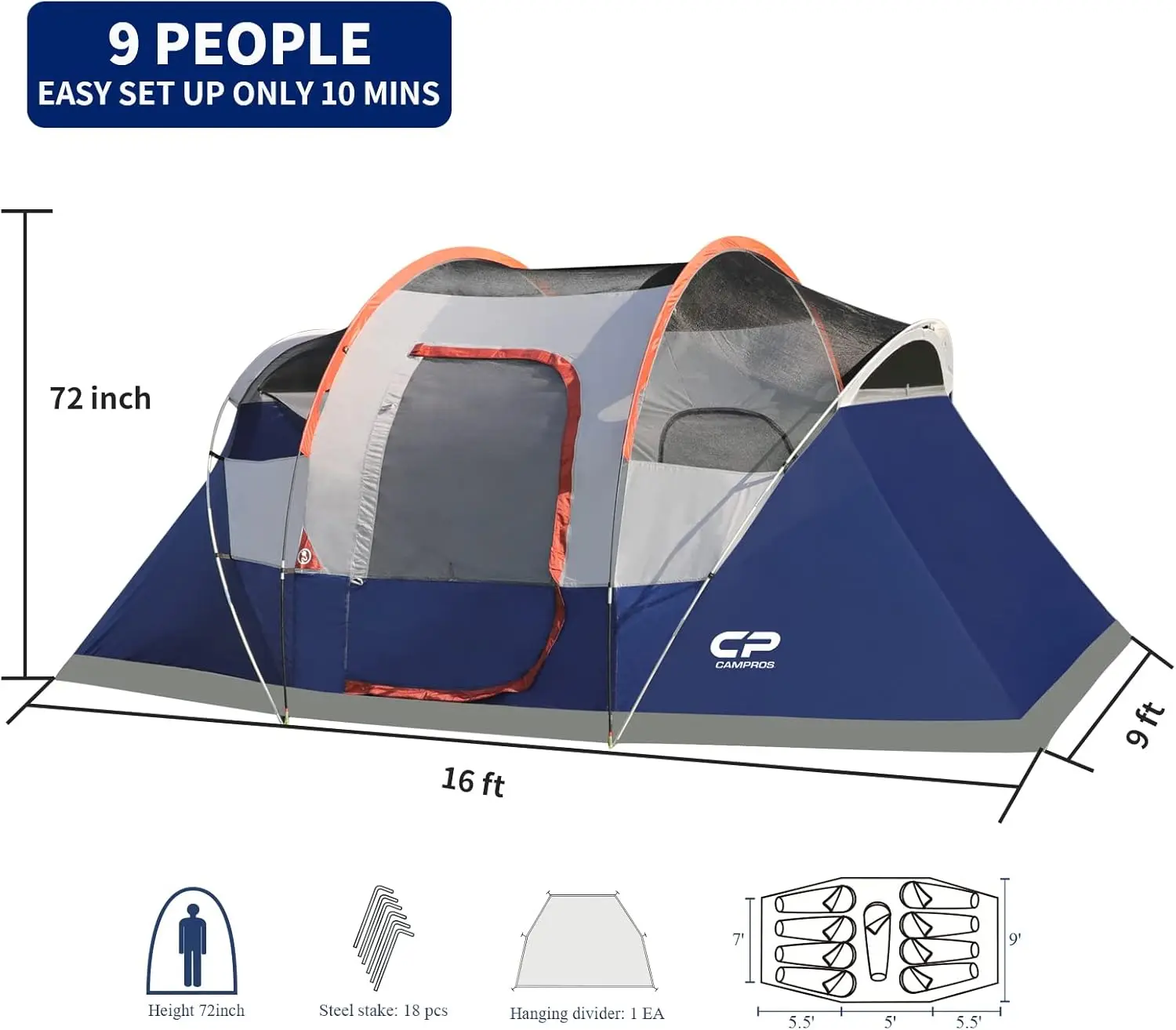 CAMPROS CP Tent 9 Person Camping Tents, 2 Room Water Resistant Family Tent with Top Rainfly, 4 Large Mesh Windows, Double Layer