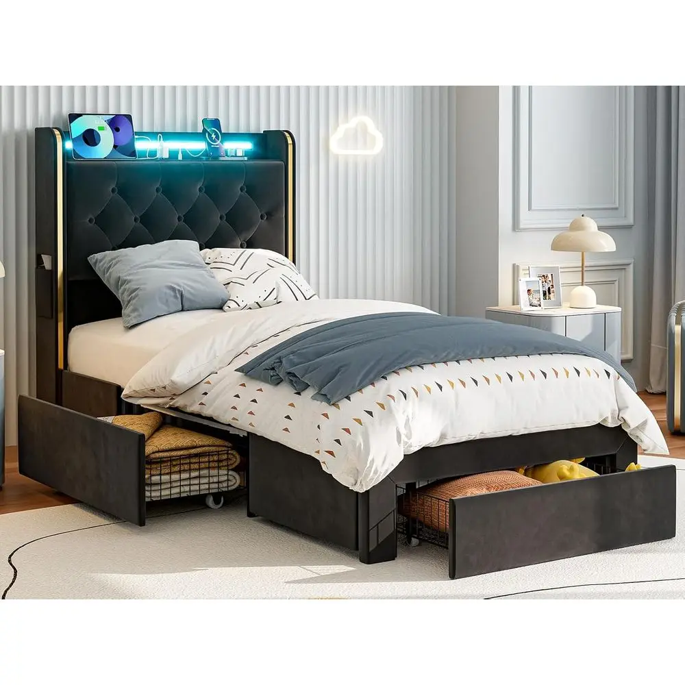 IKILY Upholstered Twin XL Bed es with Storage Ders, 49.2" Tall Velvet Platorm Bed with Wingback Storage board, LED Lights & Char