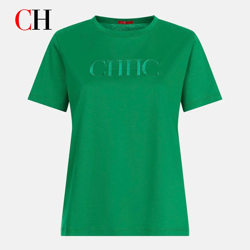 CH Damen-T-Shirt mit CHHC-Stickerei, Rundhalsausschnitt, kurze Ärmel, weiche Baumwolle, lässiges, tägliches Sommer-Top – Detail 6