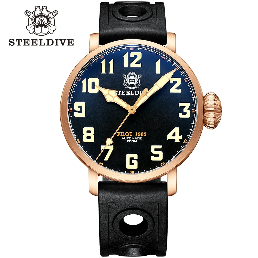 

SD1903S Big Pilot STEELDIVE Design Watch Retro CUSN8 Bronze Japan NH35 Swiss C3 Luminous Black Dial 200M 20ATM Diving Men Watch