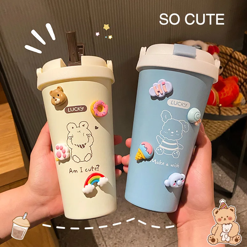 

Coffee Cup Cute Water Bottle 500ml Plastic, Outdoor Travel Drinking Mug with Straw Popular, BPA Free