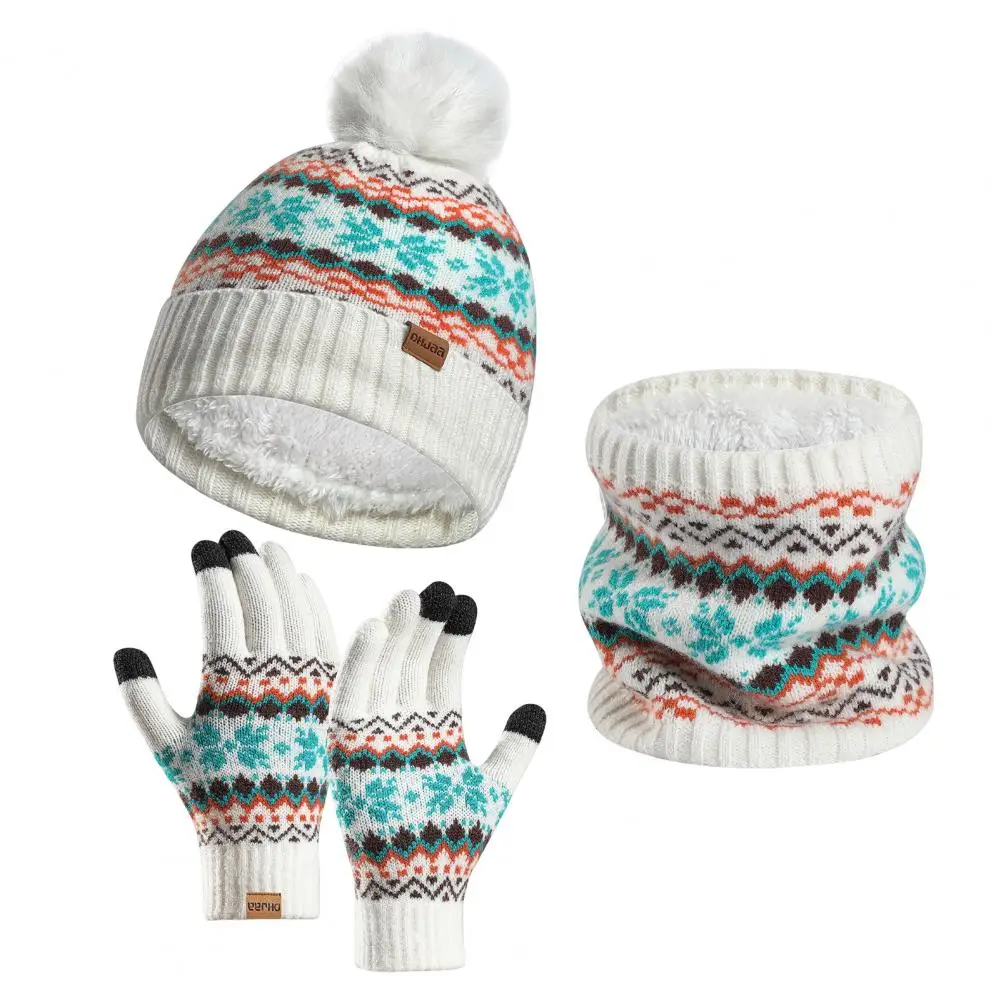 3 Pcs Unisex Winter Beanie Scarf Gloves Set Thick Plush Knitted Warm Cap Gloves Elastic Windproof Outdoor Dome Neck Wrap Set ﻿