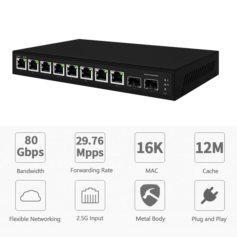 2026 8-Port 2.5G Ethernet Switch with 2 10G SFP 100/1000/2500Mbps Unmanaged Network POE+ Switch
