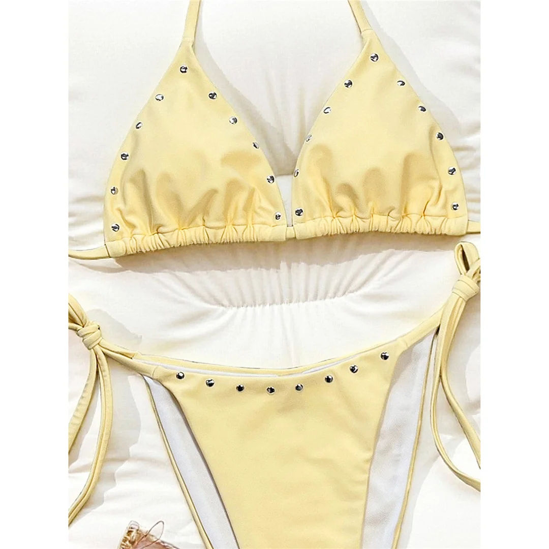 Sexy Punkte Neckholder-Bikini Damen-Badeanzug Zweiteiliger Bikini-Set mit Riemchen und hohem Beinausschnitt Badebekleidung Badeanzug V8159 – Detail 5