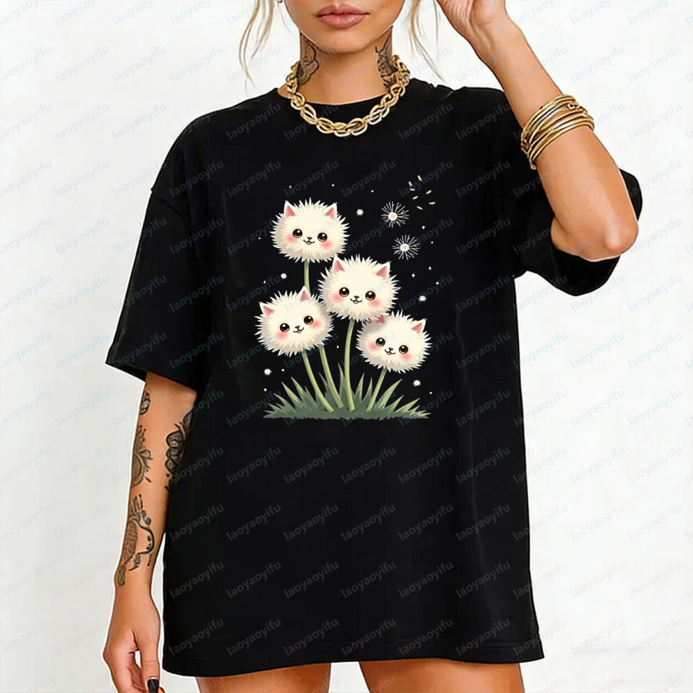 

Kawaii Cat T-Shirt Kitten Dandelion Print Tops Cute Cat Lover Cotton Tee Fun Classics Fashion Simple Style O-neck Women Clothes