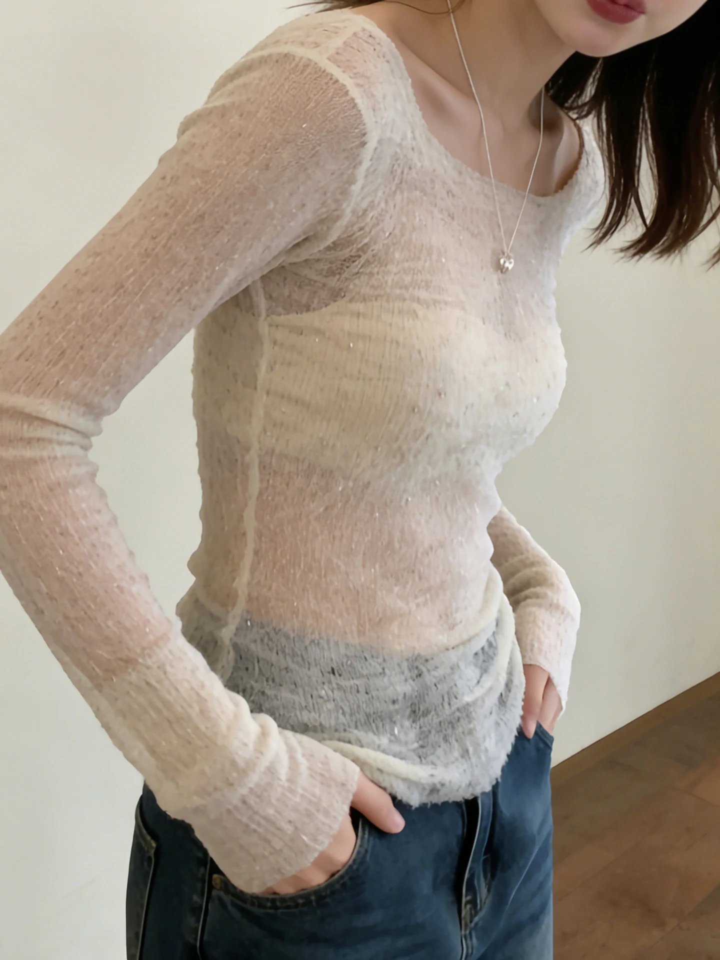 

iny Diamond Lace Knitted Sweater Translucent Slim Fit Long Sve round Ne mid Length Polyester Fiber Women's Faion