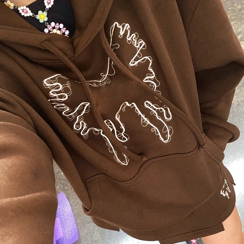 Butterfly Brown Tops Sweatshirts Oversized Long Sleeve Pullovers Hooded Pockets Sporty Tops Y2k Women Autumn Winter Jumpers New
