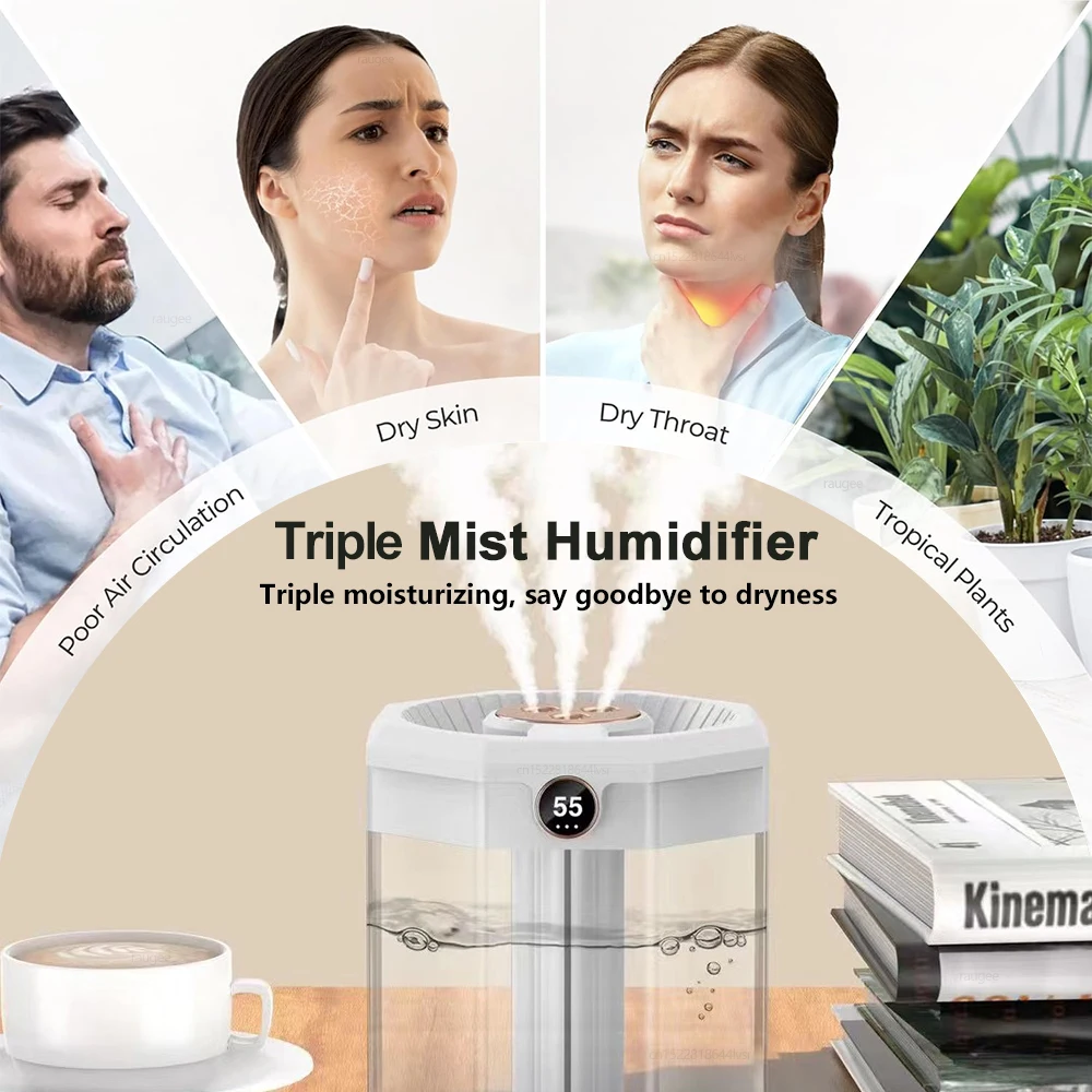 مرطب هواء بسعة كبيرة 2 لتر لغرفة النوم، موزع زيت أساسي USB، ثلاثة منافذ رذاذ للمنزل مع ضوء ليلي