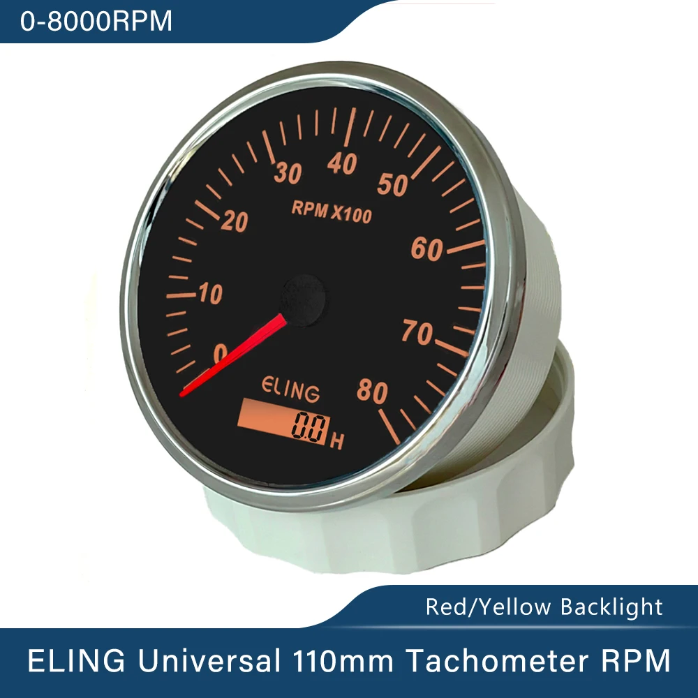 ELING Waterproof 110mm Dia Engine Alternator Tachometer 0-8000RPM Gauge with Hour Meter for Car Truck Boat 12V 24V