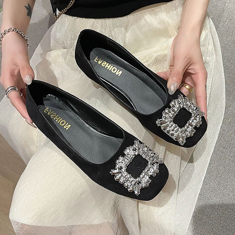 Women Square Heel Round Toe Crystal Pumps Plus Size 35-42 Black  Elegant Office Shoes For Ladies Comfortable Slip Ons 3.5cm