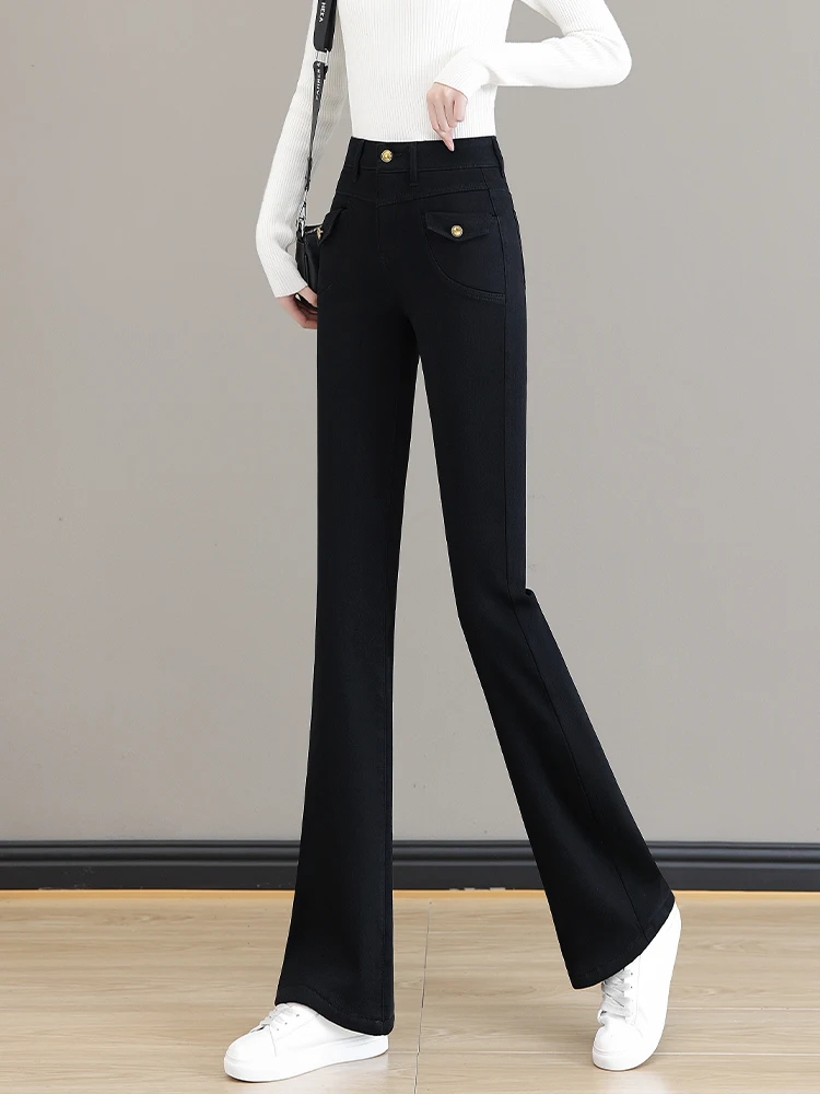 

Retro Flared Denim Jeans Women's High Waist Slimming Hoof Pants Small Size Fleece Lined Bell Bottoms Casual Cotton Stre...