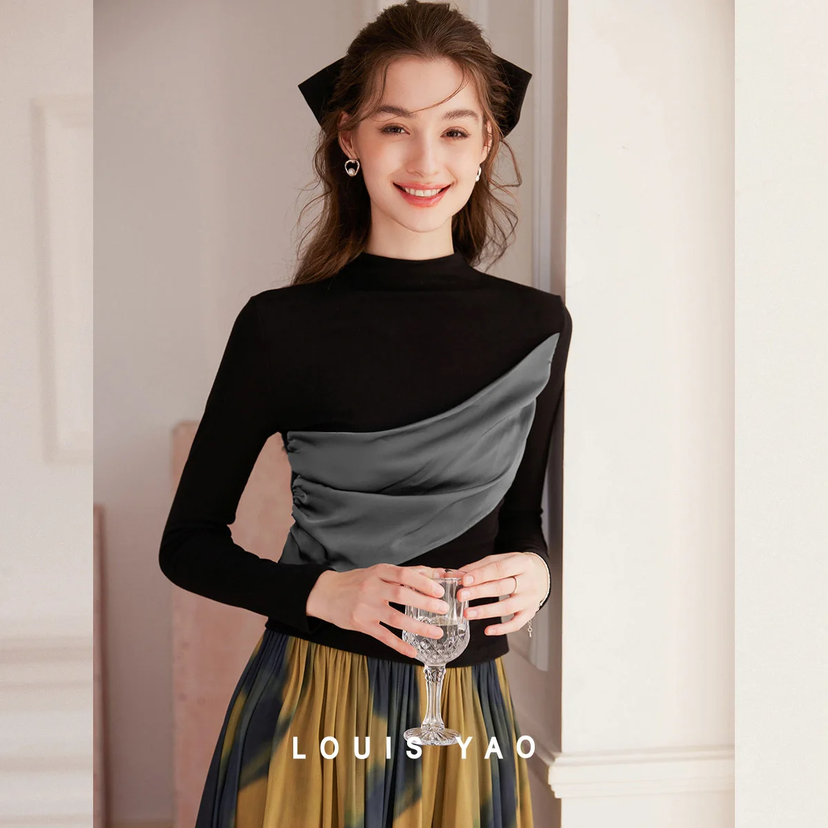 

LOUIS YAO Patchwork Colors Design Long-Sleeve Tees 2025 Spring/Autumn Women's T-Shirt Stand-Up Collar Slim-Fit Base Layer Top