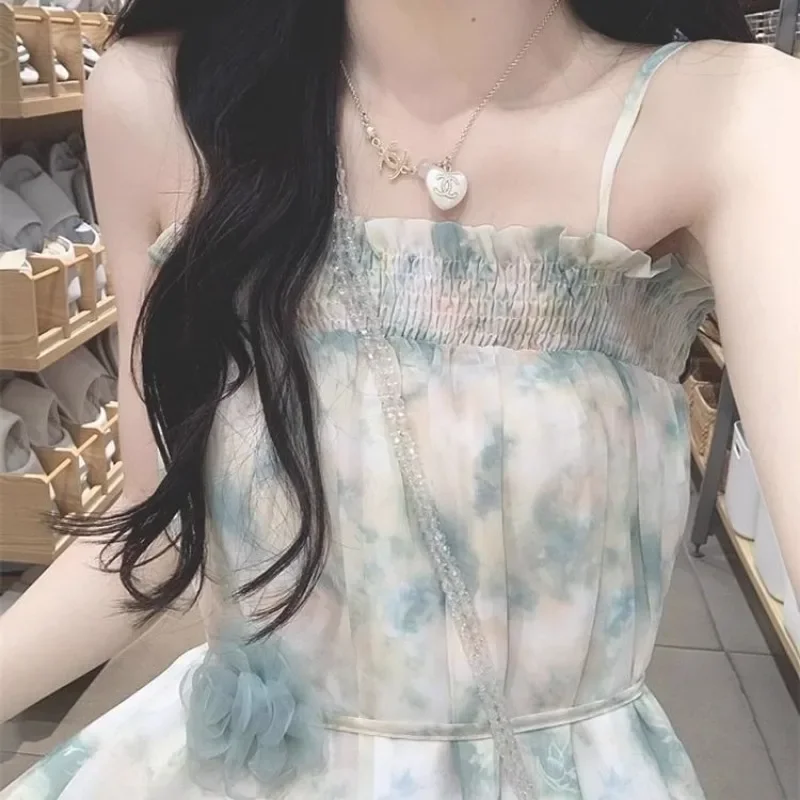 المرأة الصيف كشكش ثلاثية الأبعاد زهرة الدانتيل متابعة الحلو الجنية فستان الشاطئ التعادل صبغ طباعة مثير السباغيتي حزام بلا أكمام فضفاض فساتين متوسطة الطول #1