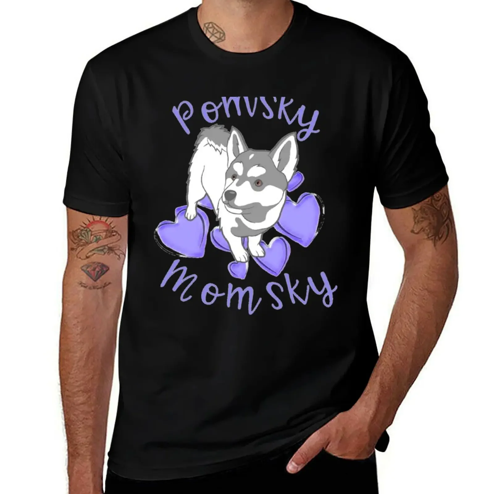 

Cute Pomsky Momsky Pomsky Mom Gray White Dog Purple Hearts T-Shirt quick drying blue lock mens shirts graphic tee