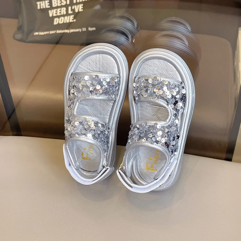 Girls' Glitter Sandals 2024 Kid's New Sequined All-matching Beach Shoes Children's Girls Version Silver Sports Black Shoes