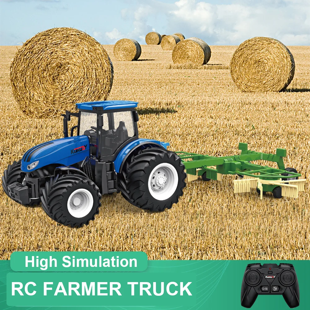 RC Truck Farm Tractor with 2 Rechargeable Batteries 1/24 High Simulation Construction Vehicle with Dual Rotary Swath Windrower