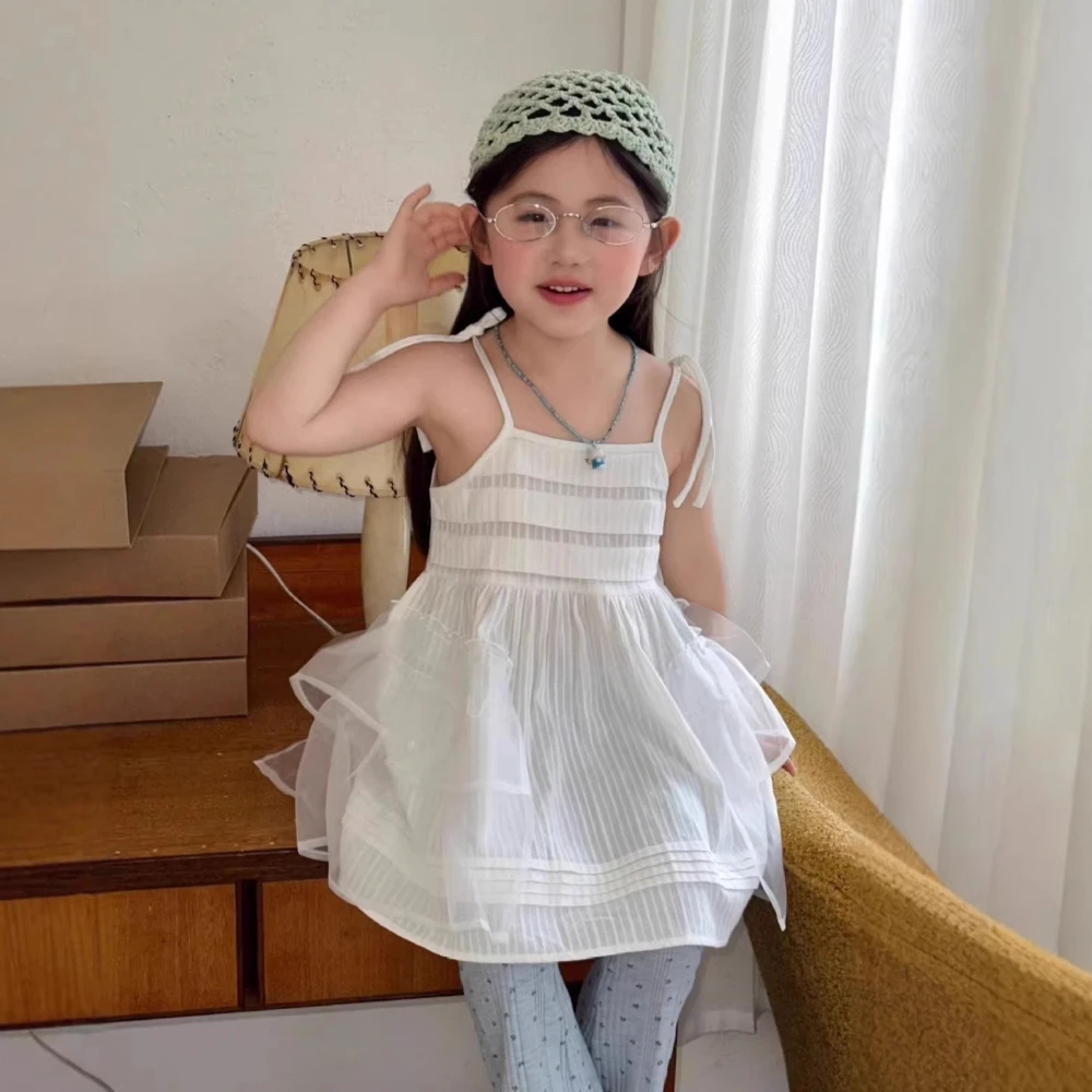 

Платье для девочек 2026: Новая коллекция весна-лето, детская одежда в корейском стиле, жаккардовое платье-халтер из полупрозрачной пряжи для девочек, с изысканной отделкой