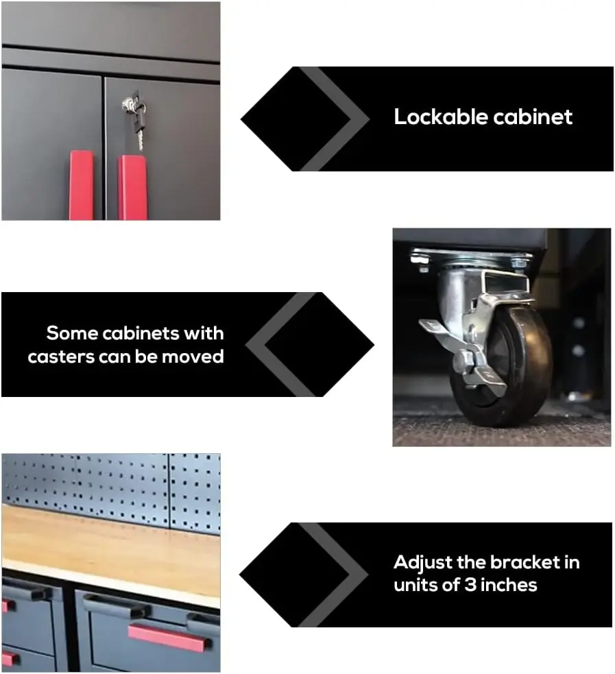 6-Pcs Workshop Storage Cabinet Set in Black with Workbench - for Organizing Garage and Tools - Included Steel Cabinets Drawers