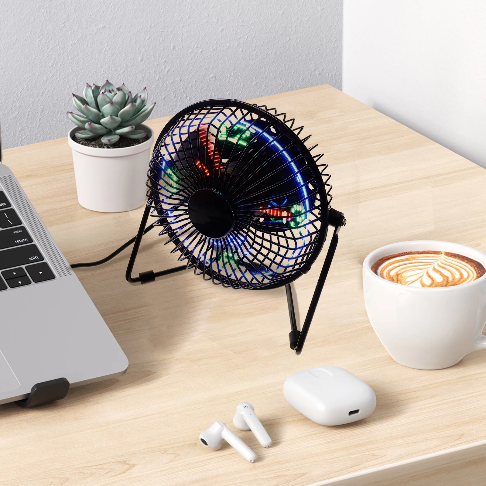 

USB Temperature Mini Portable Personal LED Desk Travel Hot Summer Cooling Fans 360 Degree Rotation Durable Metal Frame