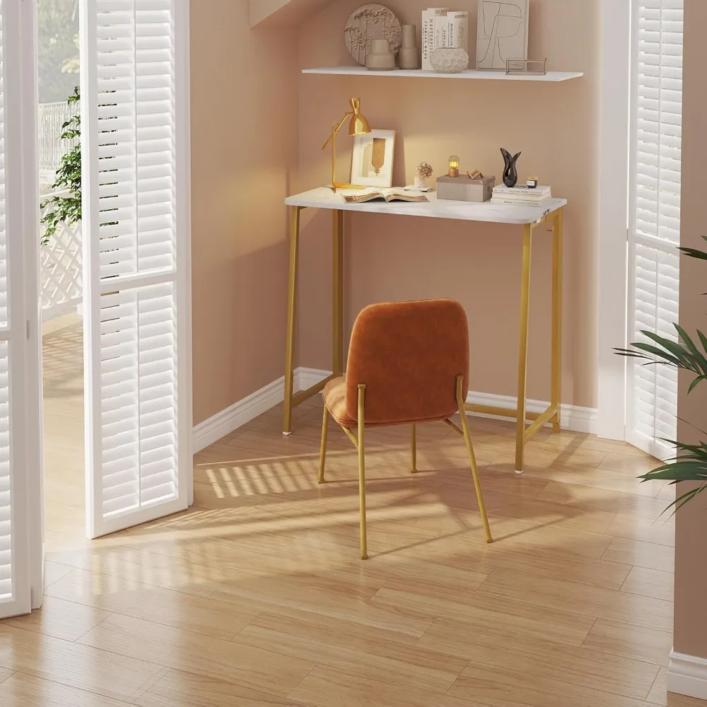 مكتب قابل للطي بمظهر رخامي بأرجل ذهبية للمساحات المدمجة، سهل التجميع، مكتب كمبيوتر محمول للاستخدام المنزلي والمكاتب