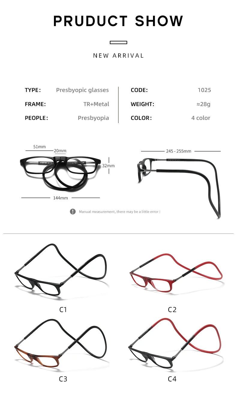 Neue Faltbare Halsband-Lesebrille HD-Harz Modische Magnetische Gleitsichtbrille für Alterssichtigkeit – Detail 7