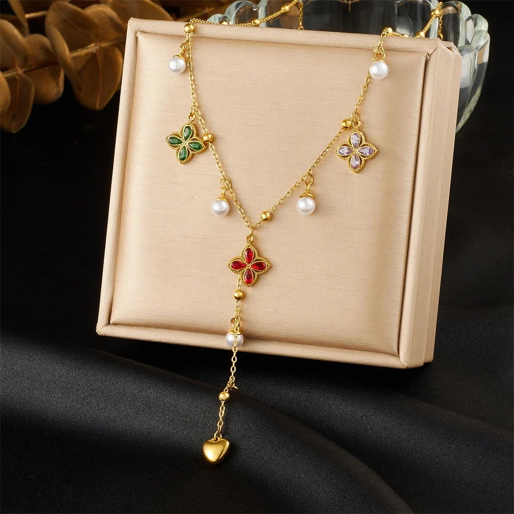 

316L Stainless Steel Colored Zircon Flowers Pearl Heart Tassel Pendant Necklace Lady New Fashion Neck Chain Jewelry Gift
