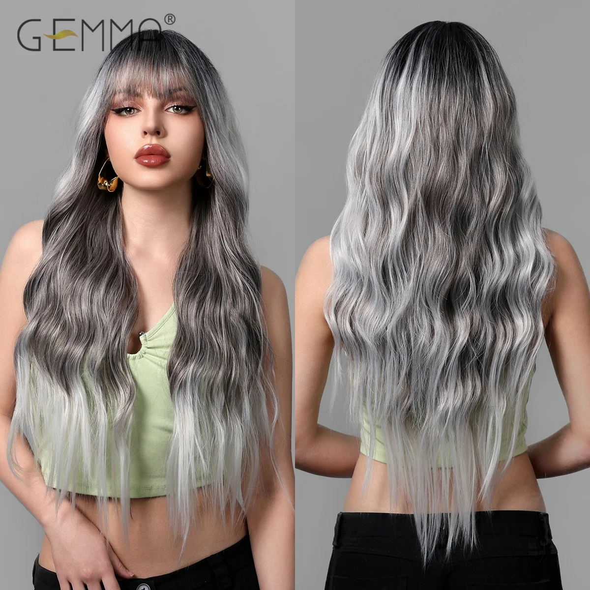 GEMMA Ombre Gray Blonde Synthetic Curly Wig with Bangs Long Wavy Hair Wigs for Women Heat Resistant Natural Cosplay Daily Wig