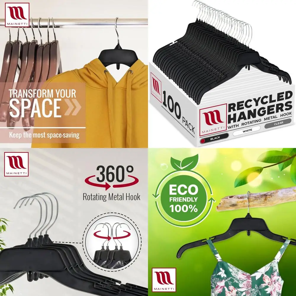 

100-Pack 17-Inch Black Plastic Hangers with Rotating Hooks and Strap Notches for Clothing