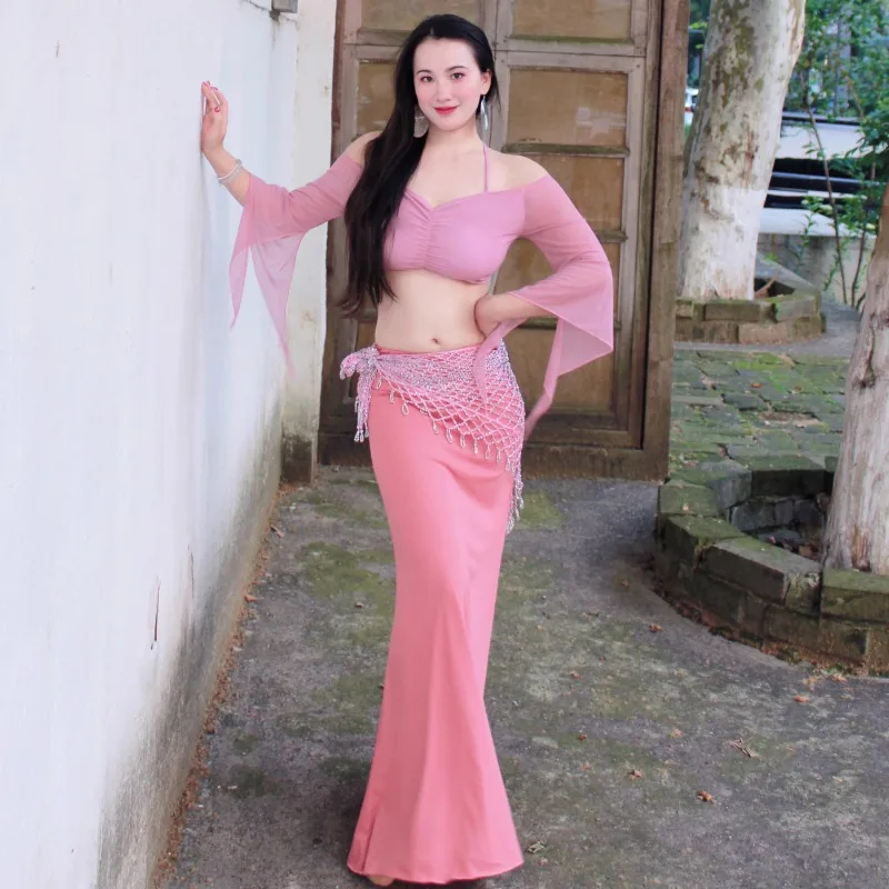 

Костюм для танца живота по индивидуальному заказу, высококачественная контрастная розовая одежда для выступлений, сексуальная униформа темперамента, верхняя юбка, полотенце на бедрах