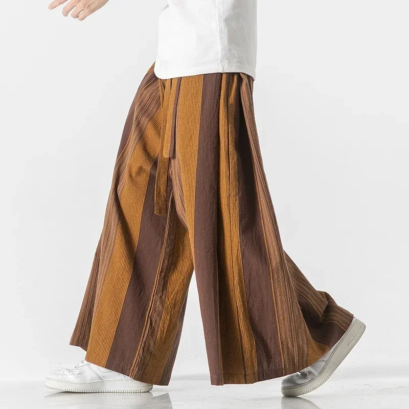 Pantalones de pierna ancha a rayas para hombre, pantalones de pierna ancha de lino y algodón, estilo Retro chino, informales, gran oferta, bata de