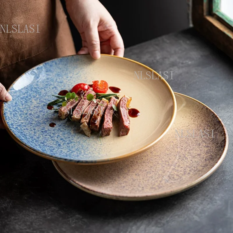 Japanese Kiln Change Glaze Ceramic Plates Multi‑Shape Retro Stoneware Dinner Plates for Steak Sushi Restaurant Home Tableware
