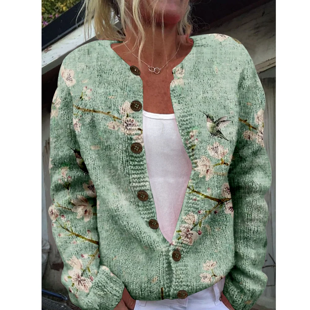 

Осень-зима вязаный кардиган с цветочным принтом винтажная мода повседневный свитер уличная одежда женские свитера вязаный топ уютные джемперы модные