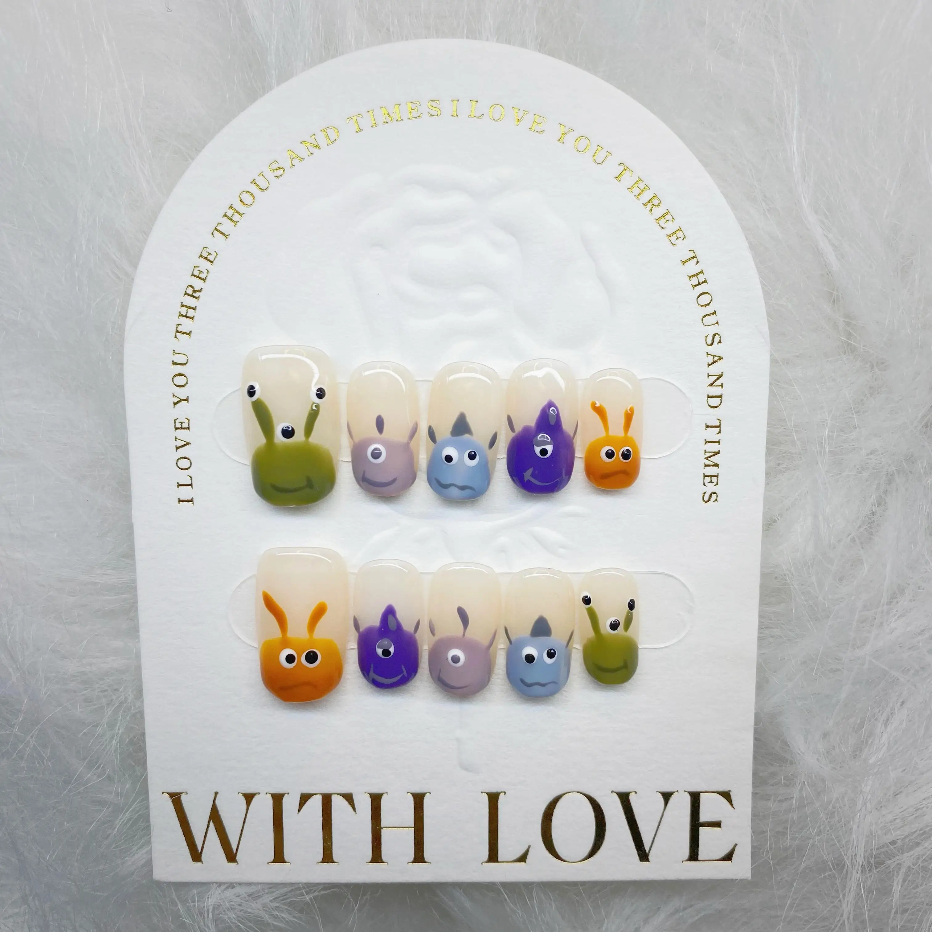 Wholesale Cute Hand-Painted Monster Detachable Reusable High-Quality Luxurious Whitening Handmade Press On Nails.No.E003