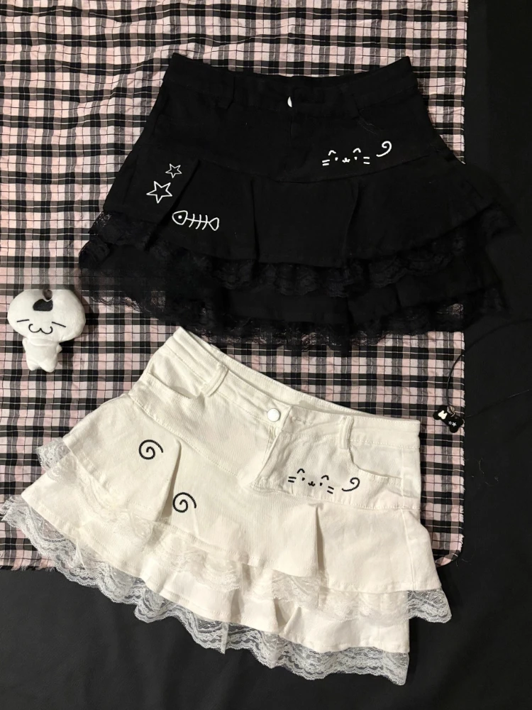 Japanese Kawaii Lolita Sweet Short Skirts Women Summer Cute Lace Ruffle Denim Skirt Gothic Y2k Cartoon High Waist Cake Skirt New