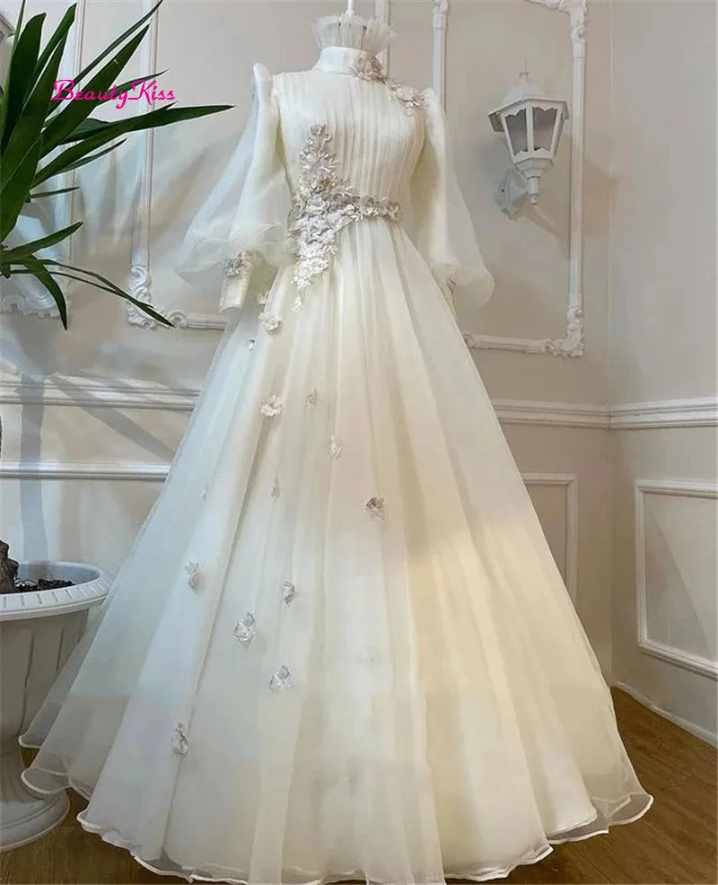 Robe de mariée trapèze drapée en Organza, manches longues bouffantes, col haut, fleurs 3D, robe formelle de mariage coréen