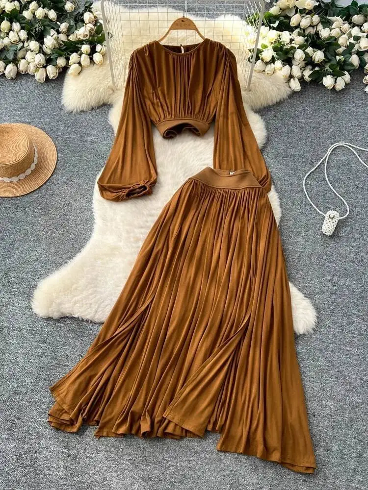 

French Vintage Two Piece Sets Women Autumn Lantern Sleeve Short Shirt High Waisted Split Long Skirt Elegant Pleated Outfits