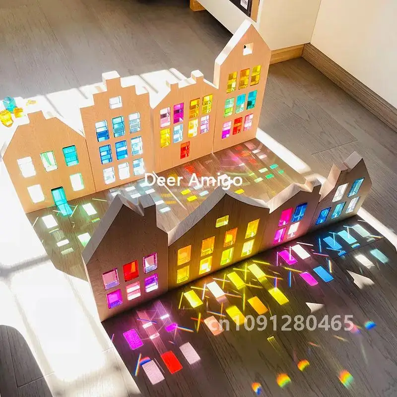 Nederlandse Houten Huizen Lucite Kubussen Blokken Regenboog Acryl Bouwstenen Kleur Straat Open Spelen Montessori Educatief Speelgoed