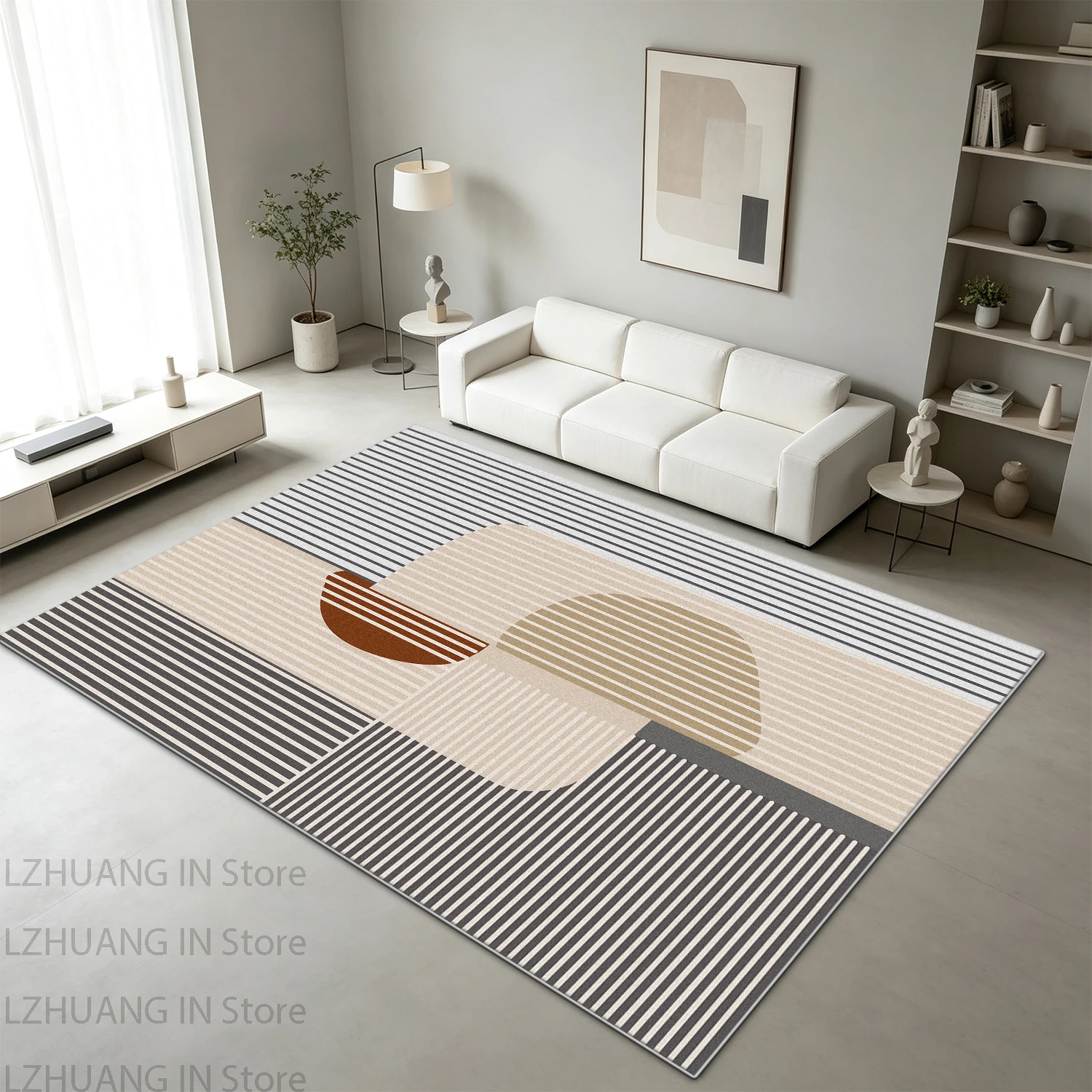Cream Geometric Line Abstract Style Room Decoration Aesthetic Carpet Soft Fluffy Dining Room Rug Washable European Tatami Mat
