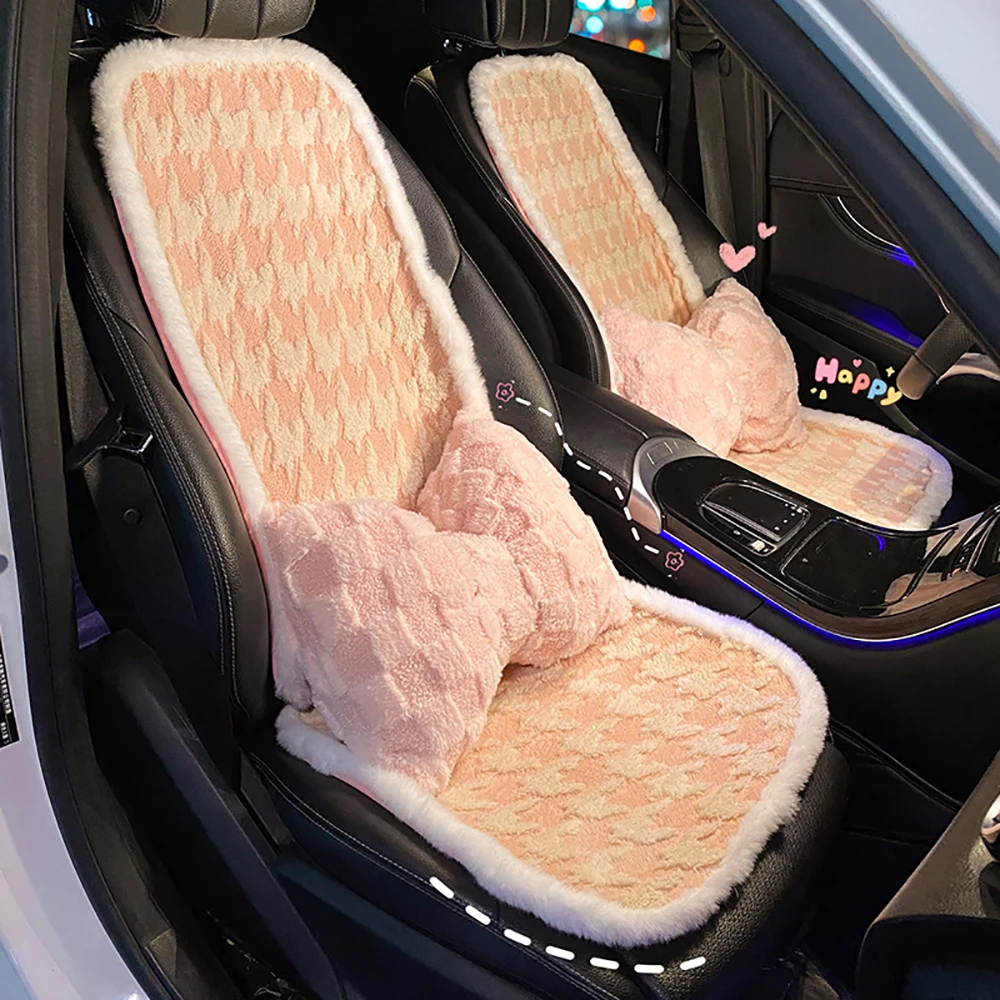 Car Seat Winter Plush Bow Plaid Pink Seat Cushion Single Piece 2024 New Interior Seats Heated Rear