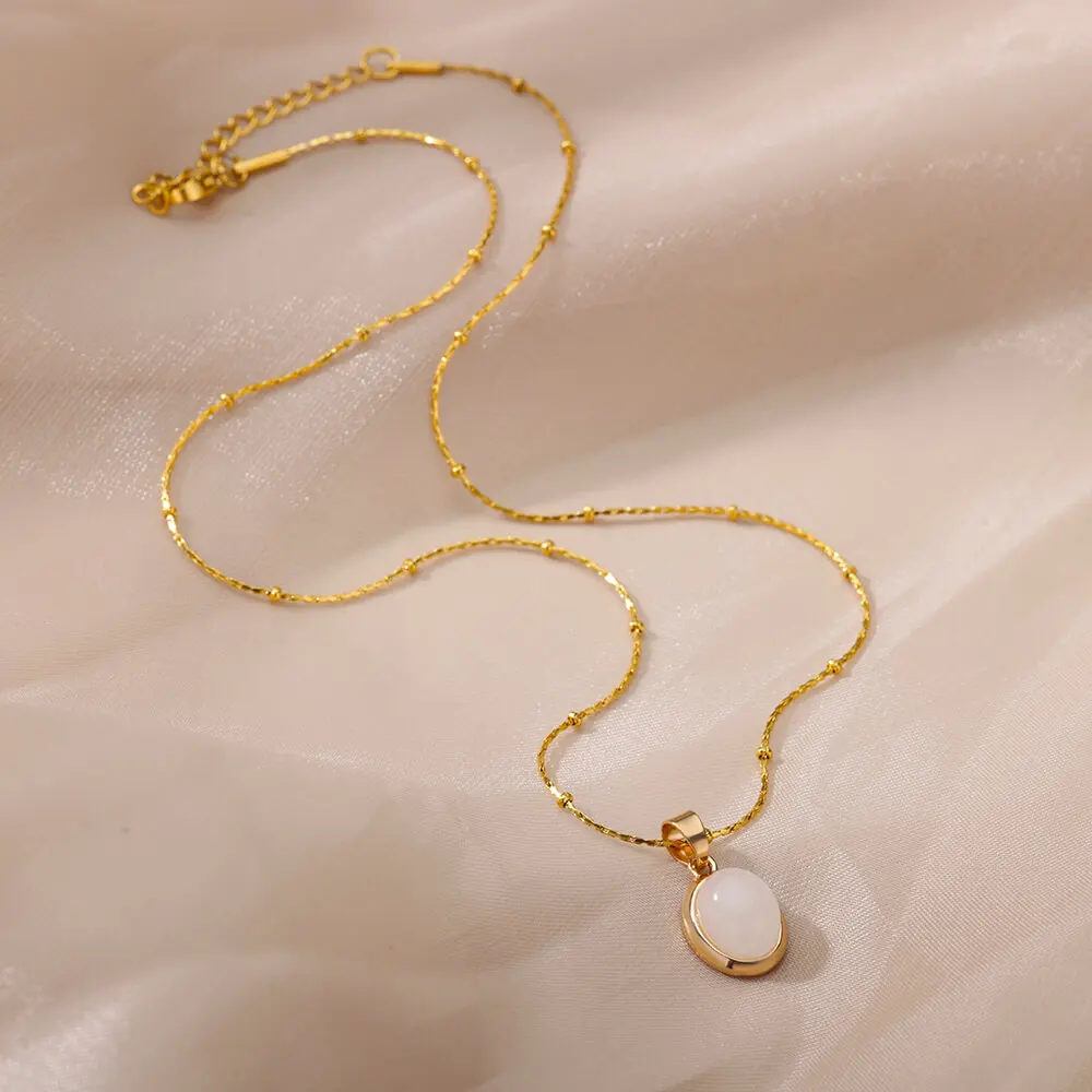 Colorful Stone Opal Oval Necklace For Women Gold Color Stainless Steel Chain Stone Pendant Necklace Classic Aesthetic Jewelry image 4