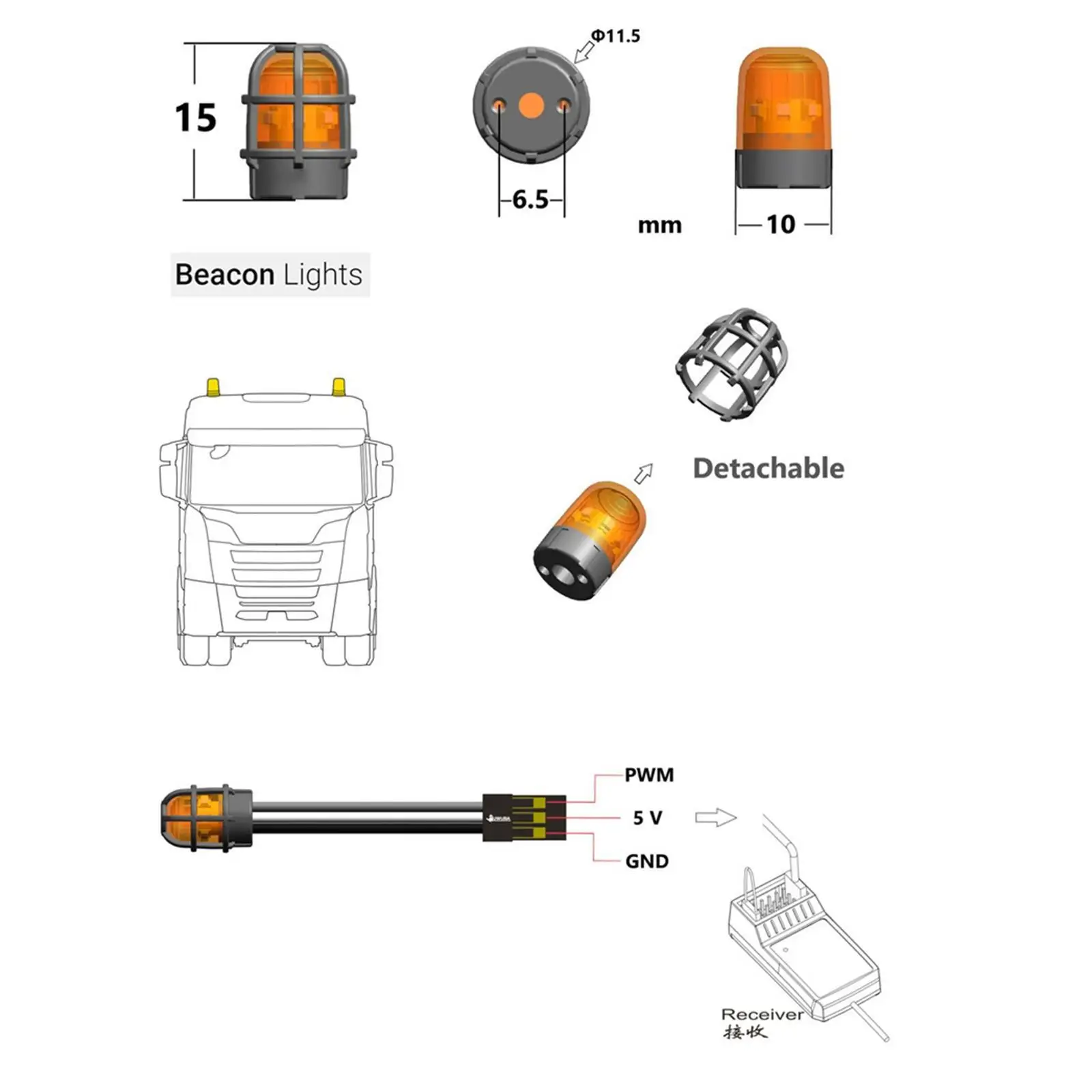 RC 1/14 Beacon Light LED Lamp Multi-function Multiple Flashing Modes Easy