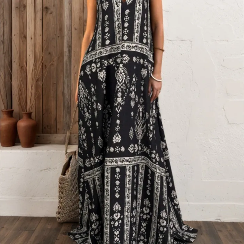 

Summer Fashion Deep V Sleeveless Long Dress For Women Solid Elegant Casual Loose Dress Women Cotton Linen Tank Maxi Dress