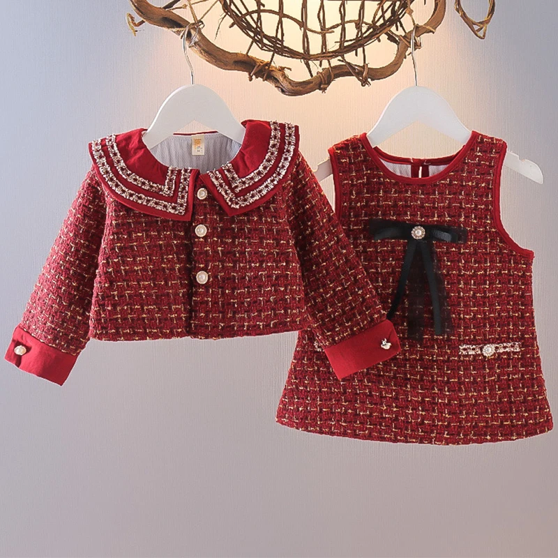 2Piece Autumn Infant Girl Clothes Korean Fashion Plaid Doll Collar Coat+Princess Dress Kids' Sets Baby Boutique Clothing BC450